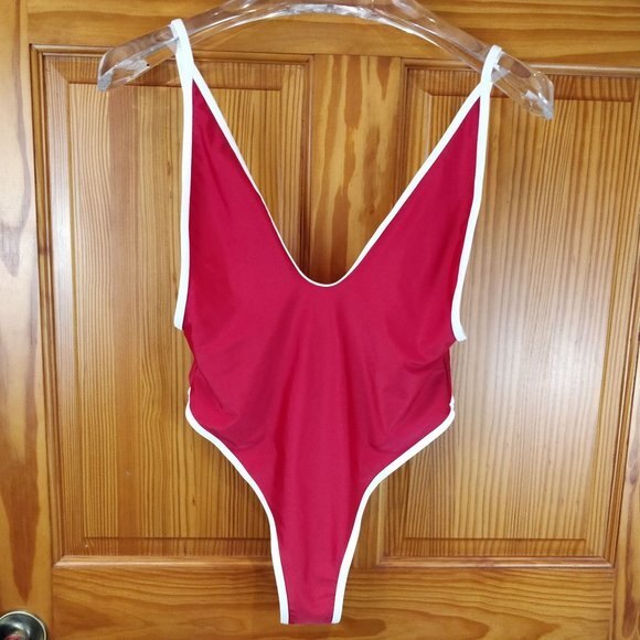 Red & White High-Cut One Piece Swimsuit LG Retro Monokini Bold Style - Picture 2 of 8